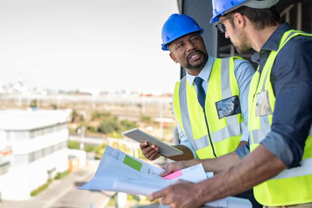 Construction workers talking about new construction site with copy space. Engineers in mechanical factory reading instructions. Architect in construction uniform holding blueprint and discussing.
